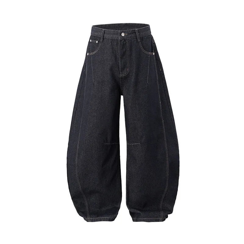 Men's wide-leg denim trousers in original cow colour, showing relaxed fit and mid-waist design.