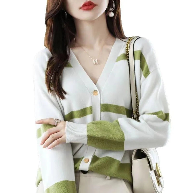 Women's striped V-neck knitted cardigan in composite fabric with slim fit
