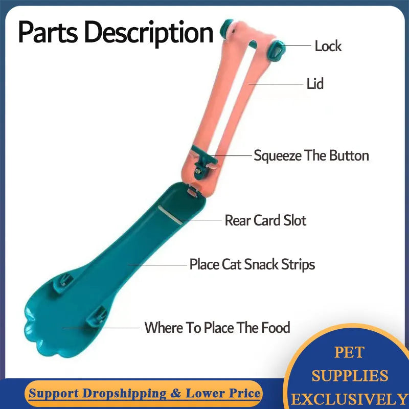Multipurpose pet food dispenser tool in green and pink colours for squeezing liquid food and extruding treat bars