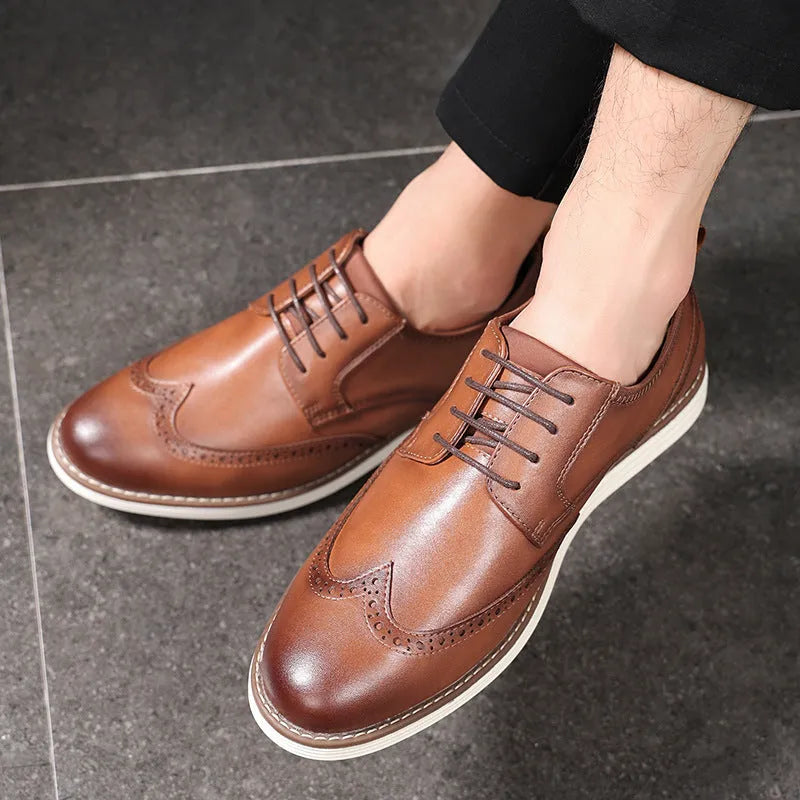 Men's black slip-on business casual shoes with round toe and TPR sole