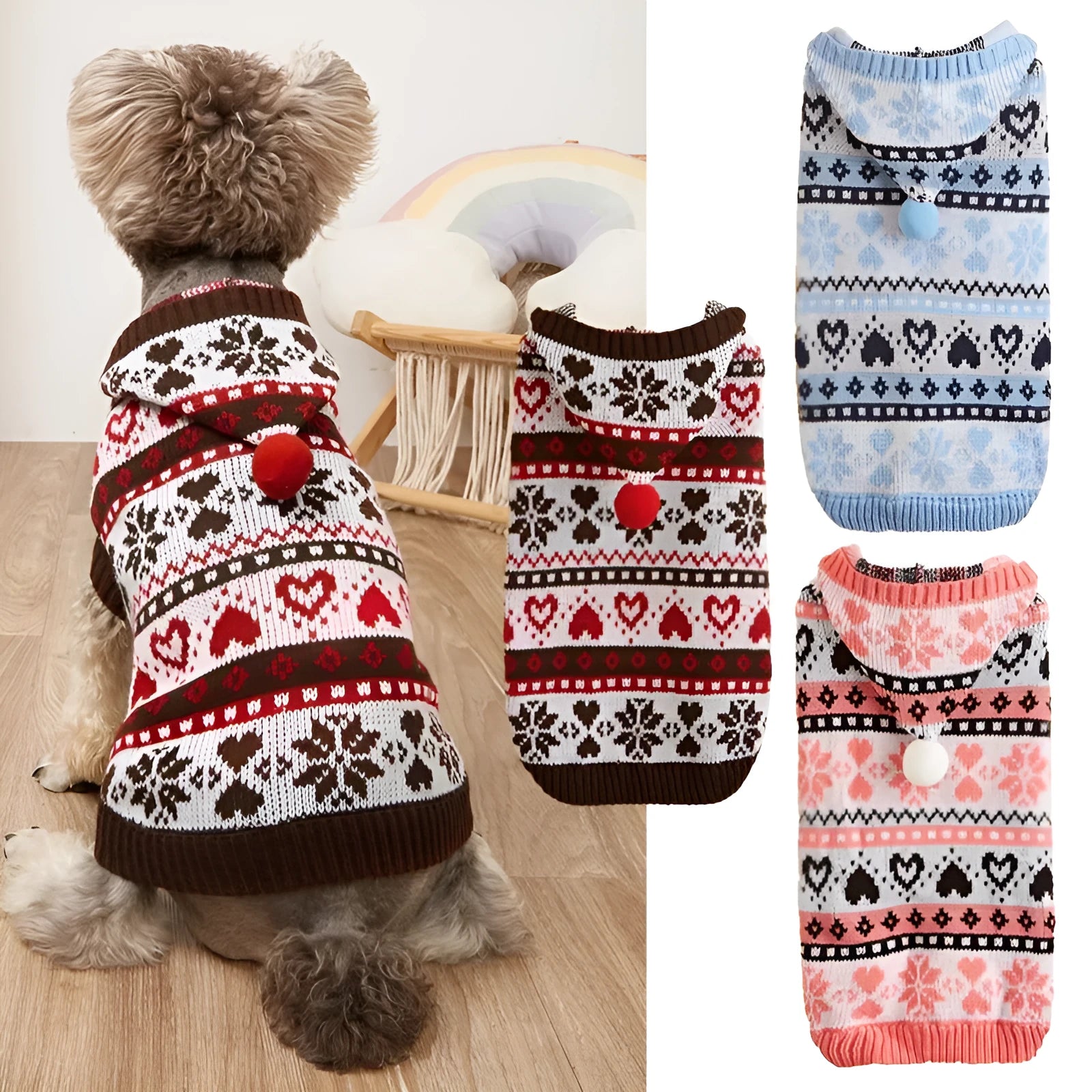 Colourful knitted dog sweater with snowflake and love heart patterns on a striped background.