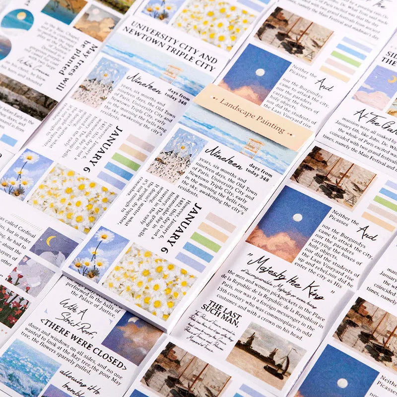 Paper sticker book showing twenty landscape painting stickers in 60x120mm size with eight colour options