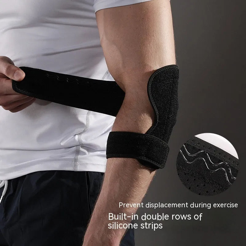 Black adjustable sports elbow guard for adult training and multi-sport protection.