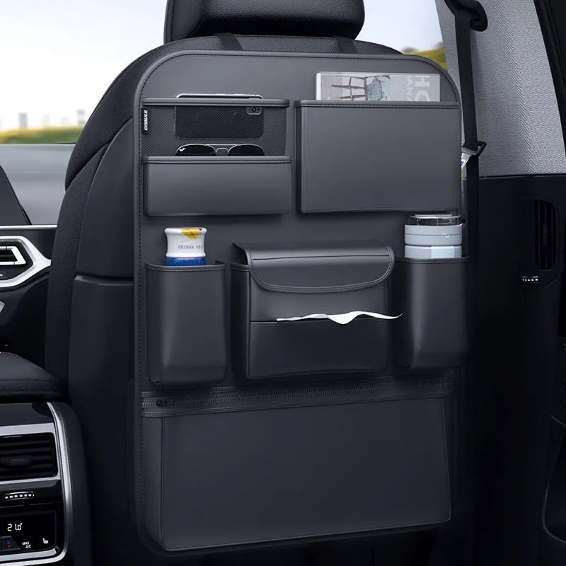 Black leather hanging storage bag for the back of a car seat