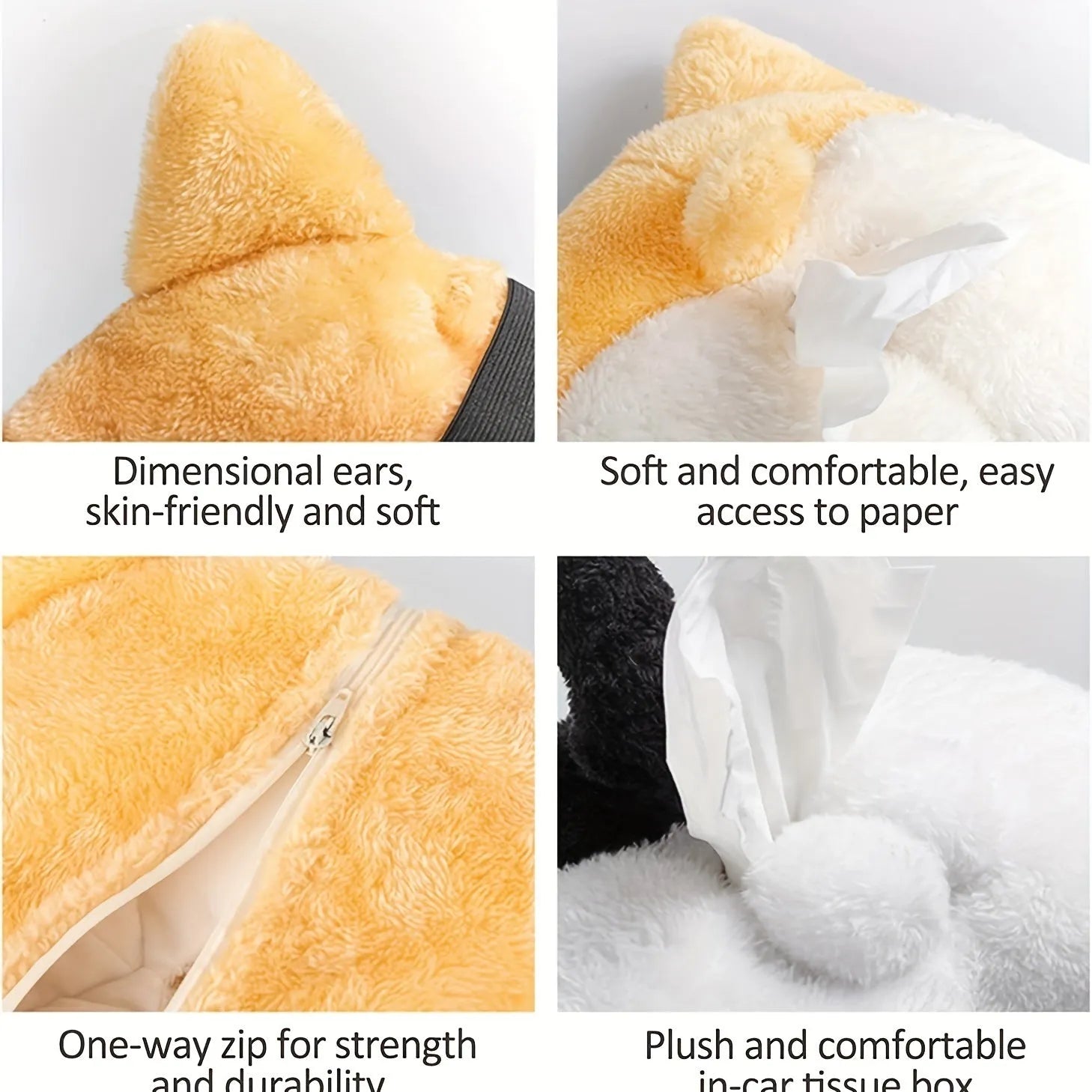 Yellow soft Corgi butt-shaped tissue box cover with elastic strap for car visor or home use.