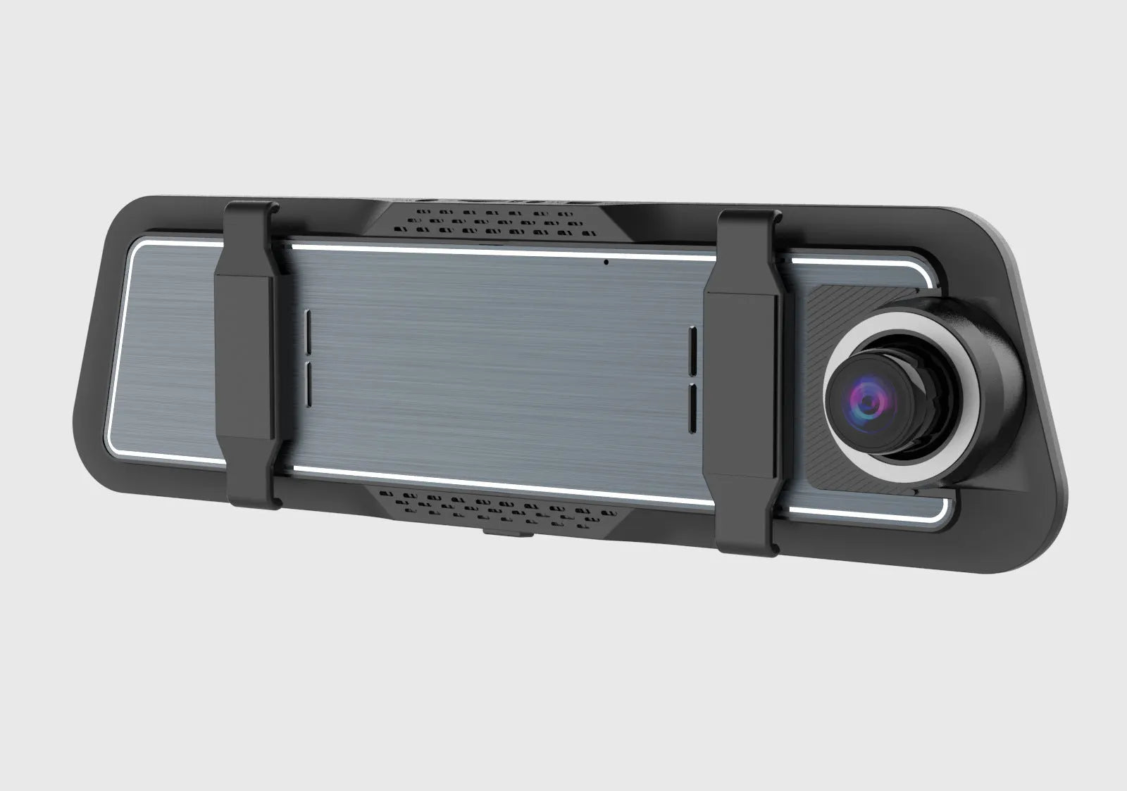 A black dual-lens dashboard camera with a large touchscreen display mounted on a car windshield.