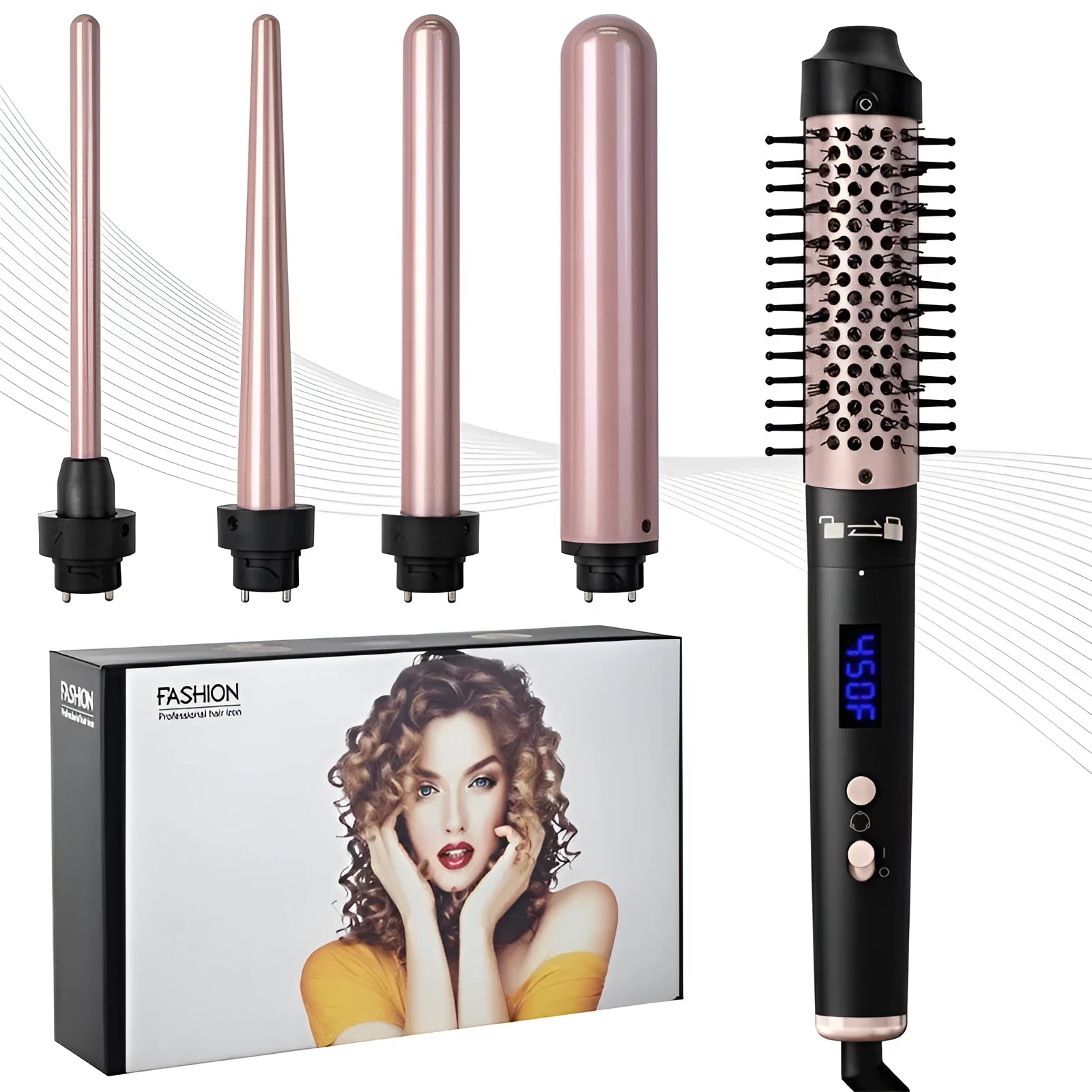 Rose gold automatic hair curler with large wave barrel and three headbands