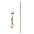 Cat wand toy with wooden handle, colourful ribbons, catnip fish and bell for interactive play