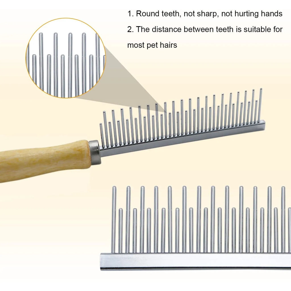 Wooden handle pet grooming comb for dogs and cats with rounded teeth