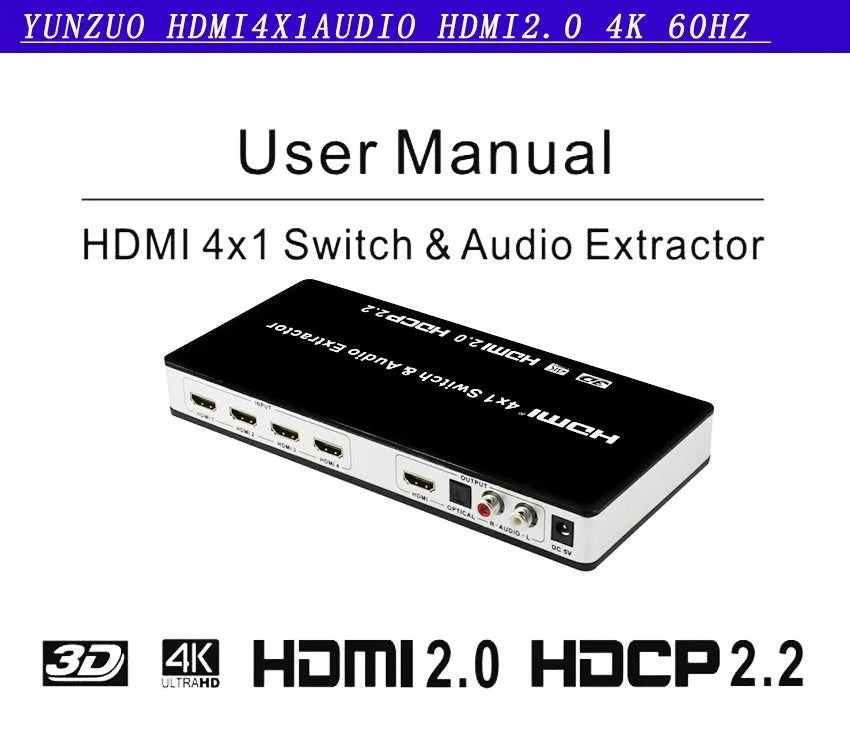 Black HDMI audio video switch unit with remote control and 10-metre cables for connecting four sources to one display.