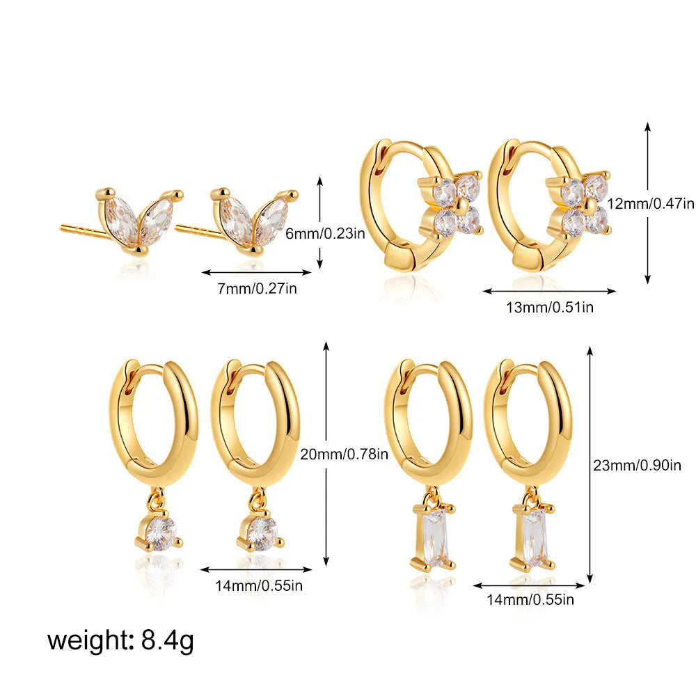Geometric square earring set for women with zircon accents in gold or silver electroplated finish