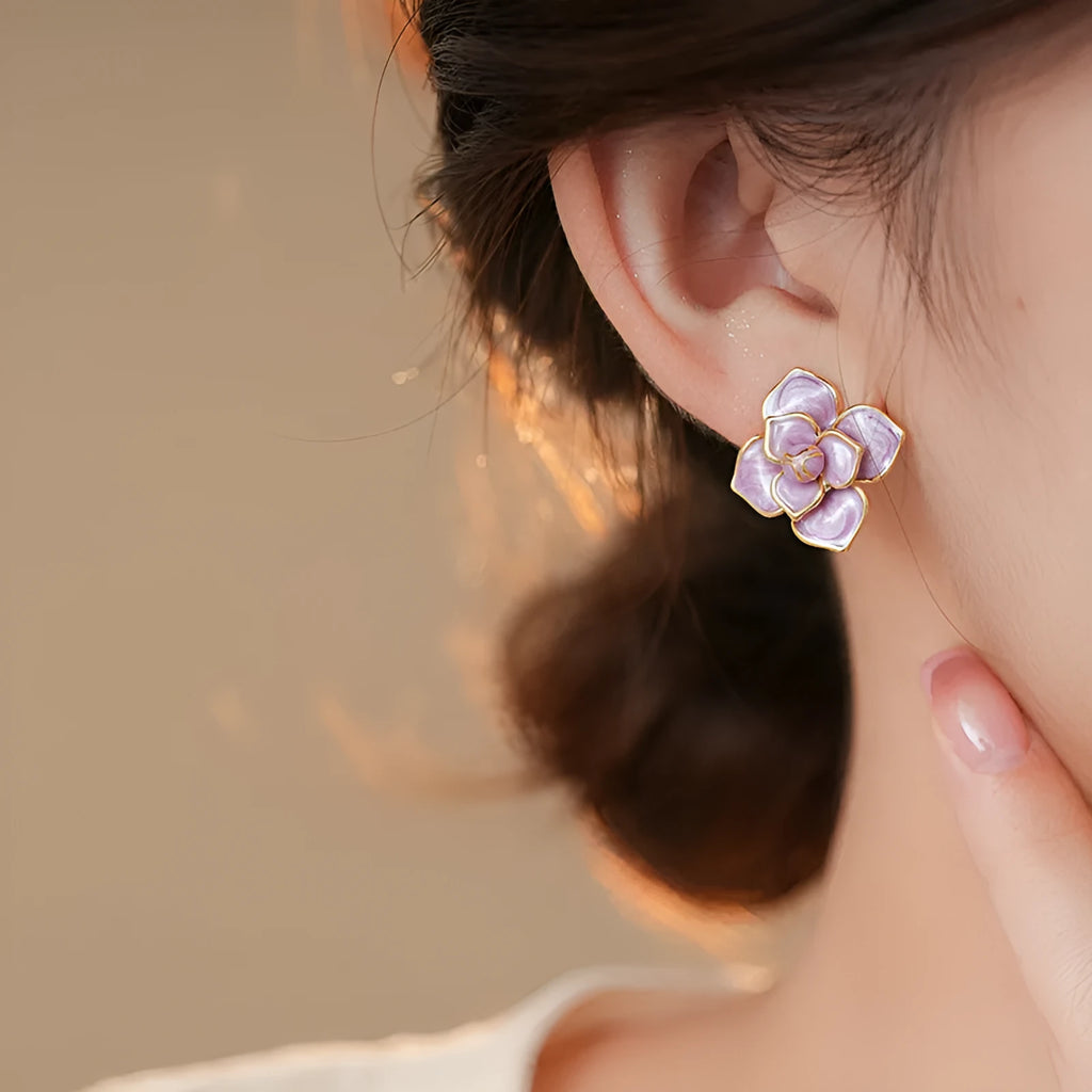 Golden-purple flower stud earrings with oil-spot glaze on copper