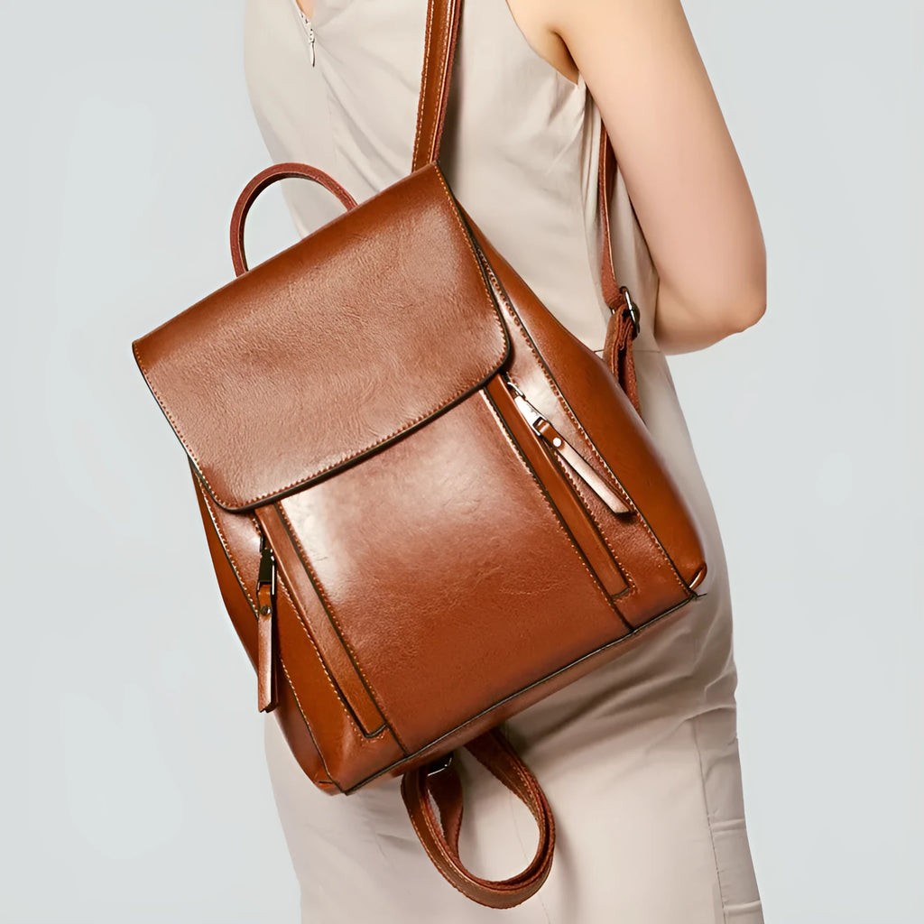 Genuine leather women's backpack in large square design with multiple internal compartments
