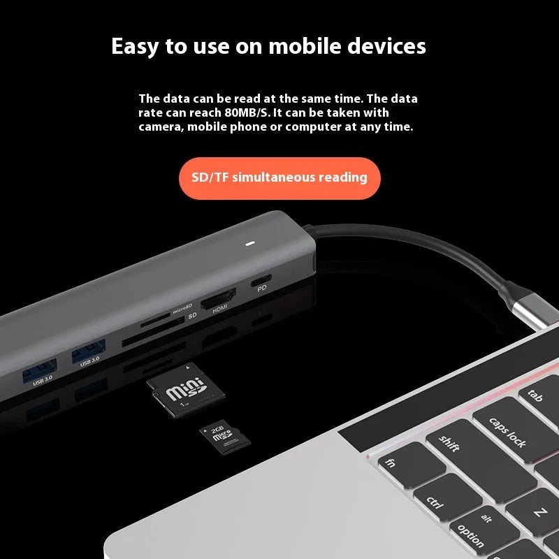 7-in-1 USB-C hub with SD card reader, MicroSD slot, HDMI port, USB 3.0 ports, and PD charging