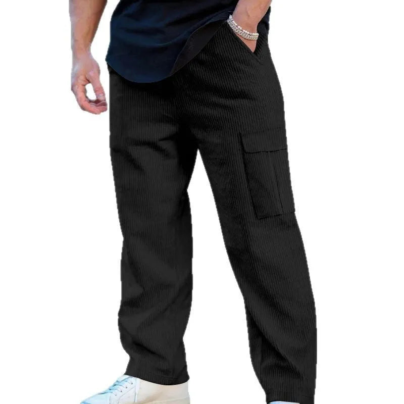 Men's loose-fitting corduroy cargo trousers in a straight wide-leg style with a drawstring waist.