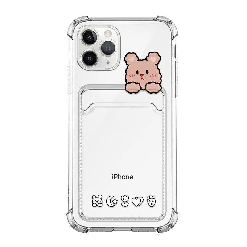 Cartoon design transparent TPU phone case with card slot for iPhone, shown in BQ2472 colour.
