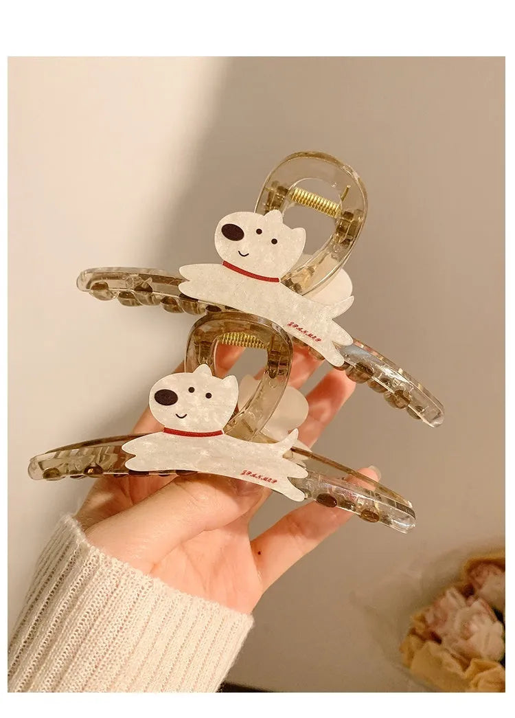 Korean style puppy grip hair clip in beige and brown, showing 13cm and 8cm sizes.