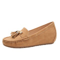 Nude casual work shoes with a heel height increasing insole, shown in available colours.