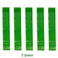 Set of five colour-coded yoga resistance straps with force marks and five plain TPE straps.