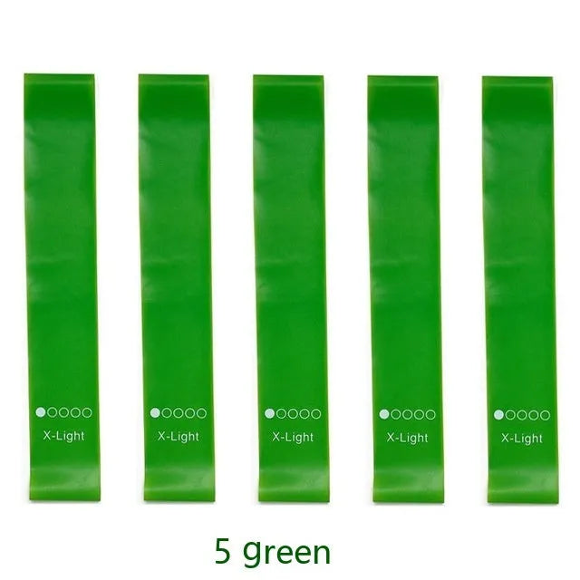 Set of five colour-coded yoga resistance straps with force marks and five plain TPE straps.