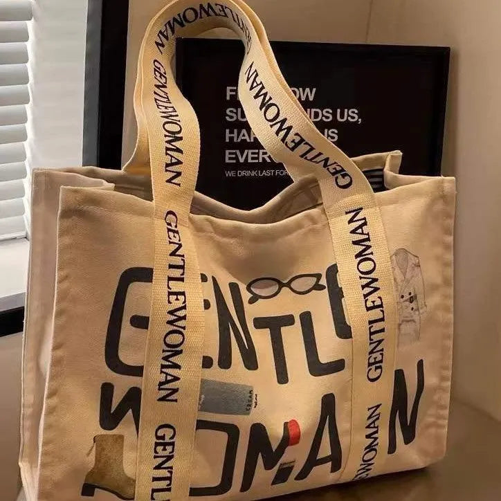 Large canvas tote bag with printing decoration in shoulder bag style