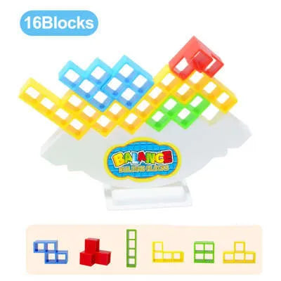 Plastic balance stacking board game with colourful blocks, chassis, and base on table