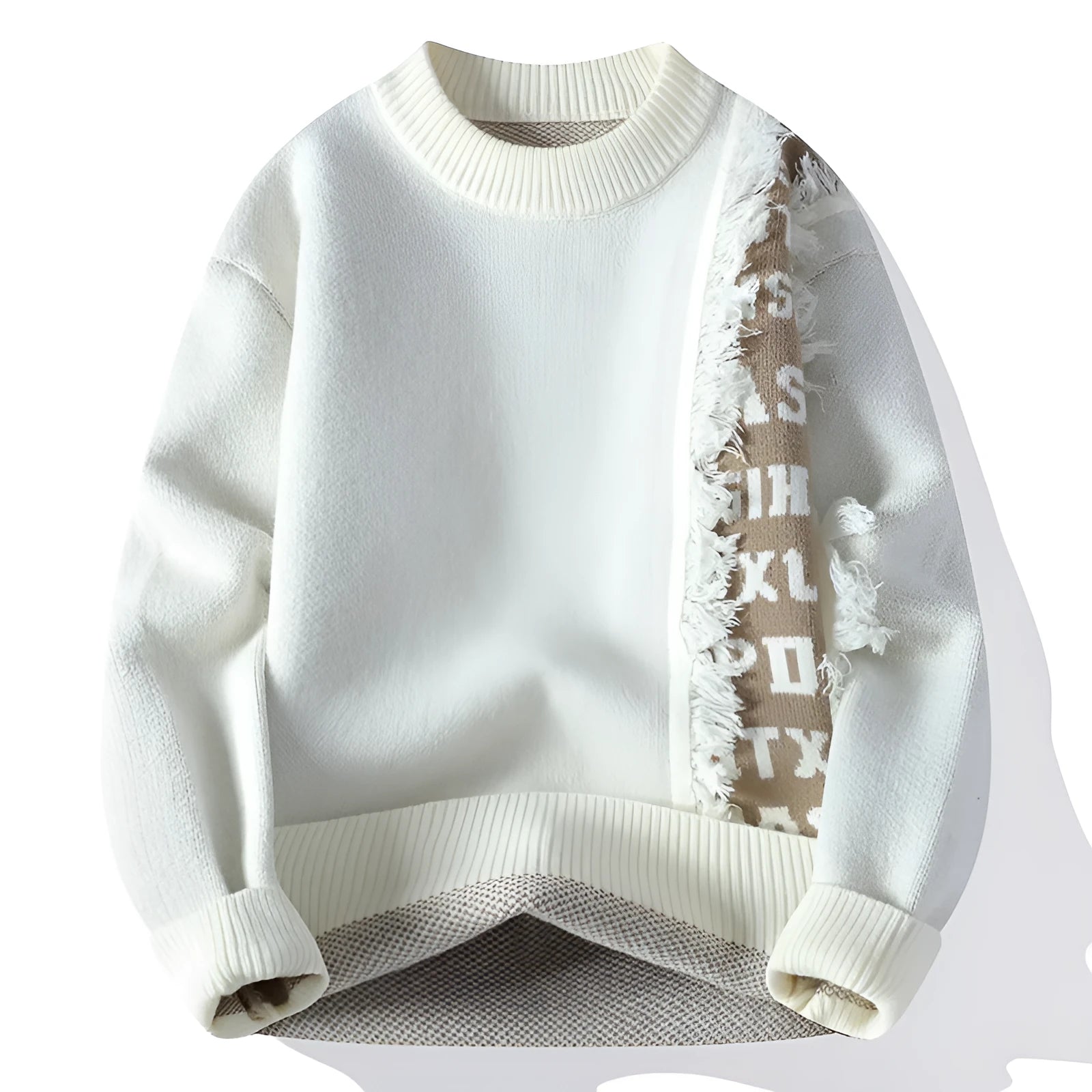 Man wearing a loose-fit grey knitted long sleeve pullover with a ribbed hemline.