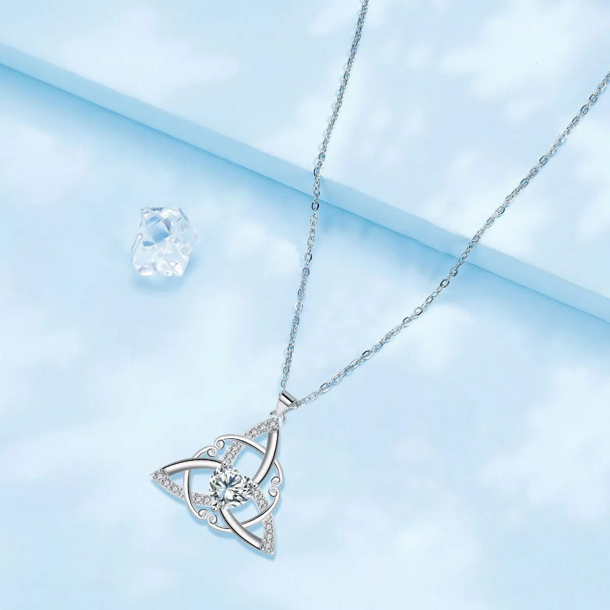 Geometric Celtic knot copper necklace for women showing electroplated finish in available colour options