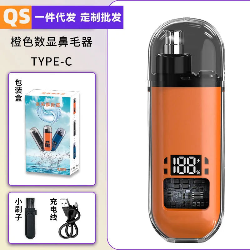 Rechargeable nose hair trimmer with digital display in black, blue or orange colours