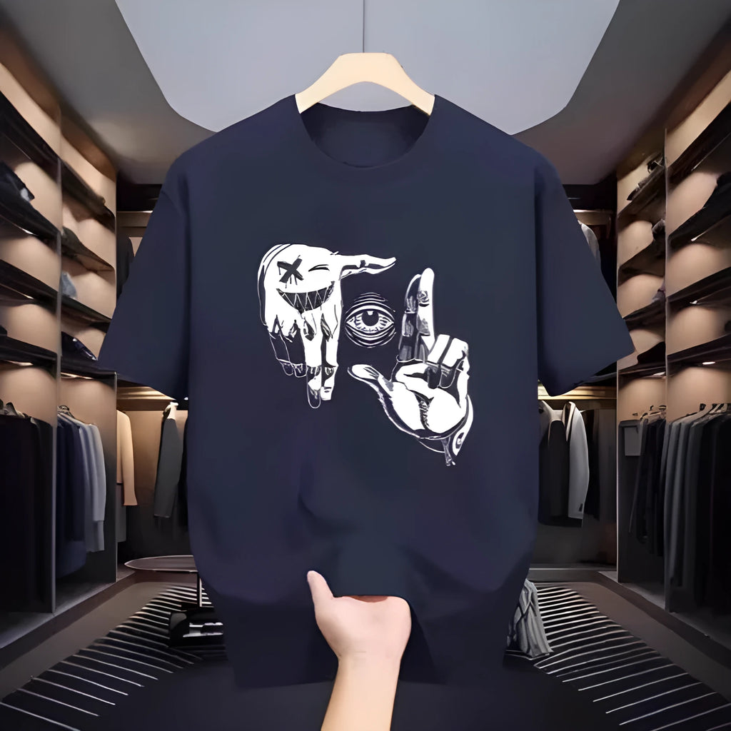 Men's grey cartoon print t-shirt with round neck and short sleeves on a hanger.