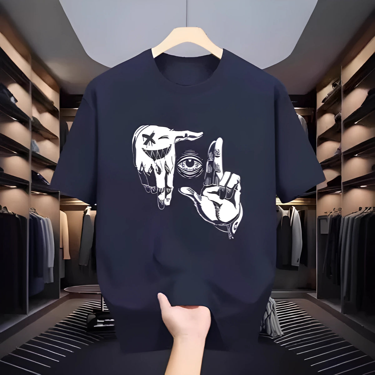 Men's grey cartoon print t-shirt with round neck and short sleeves on a hanger.