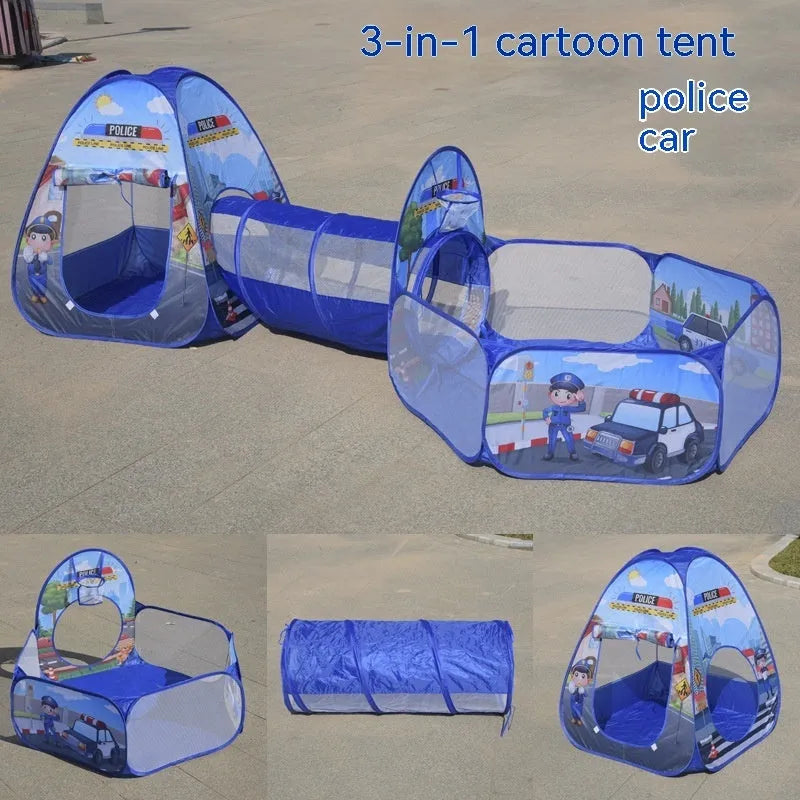 Three-in-one children's tent with marine cartoon design showing fabric tent, ball pool and connecting tunnel sections