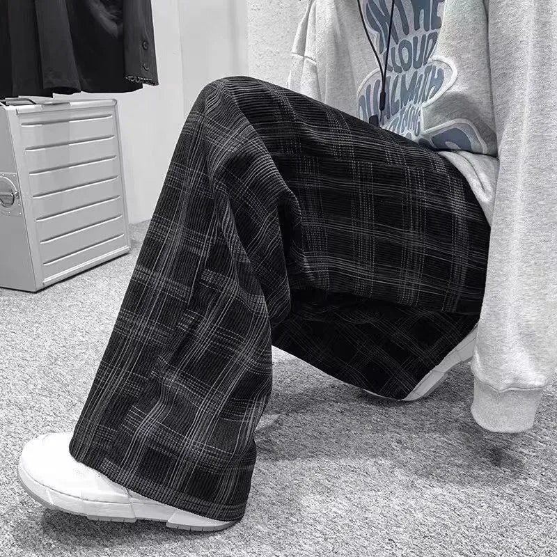 Japanese casual straight-leg trousers with tartan plaid pattern in black or green