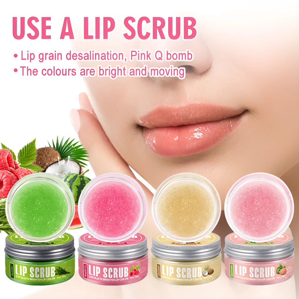 Amatoni Lip Scrub Cream pot in fruit flavours including coconut, raspberry, vanilla, and watermelon, 30g net weight.