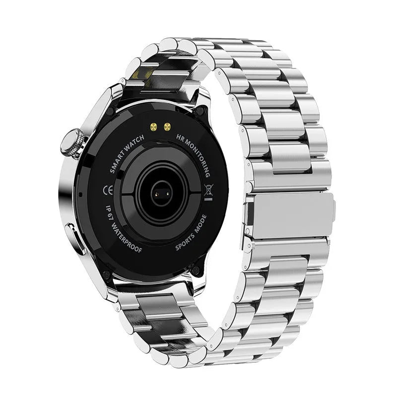 Smart watch with round colour display on a black silicone strap, showing heart rate and call icons.