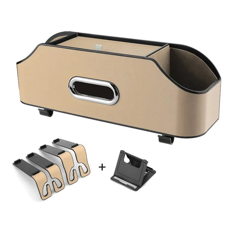Genuine leather car tissue box with integrated water cup holder in suspended storage configuration