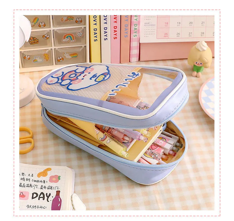 Transparent cartoon student pencil case with large capacity for stationery organisation
