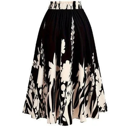 Chinese style mid-length pleated skirt with 3D digital printed plant flower design and splicing detail in DD25052