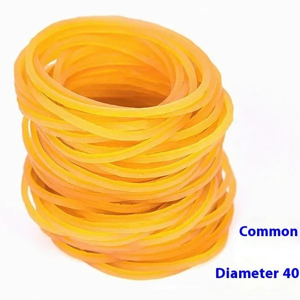 500g pack of assorted yellow rubber bands in sizes from 16mm to 70mm diameter.