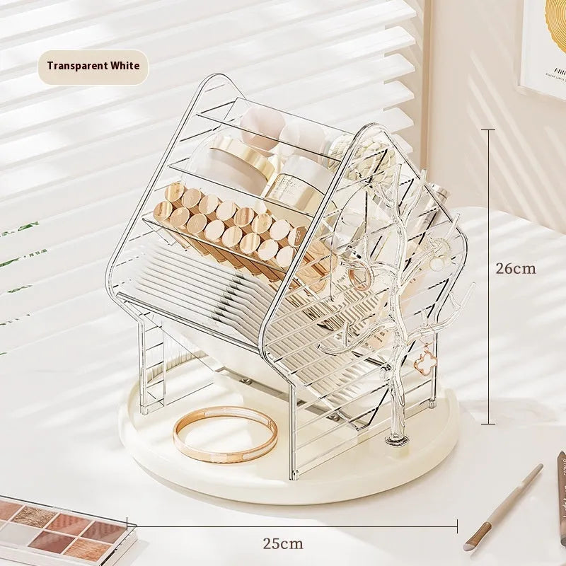 Transparent rotating cosmetics storage box with 360-degree rotation in clear or amber gold plastic