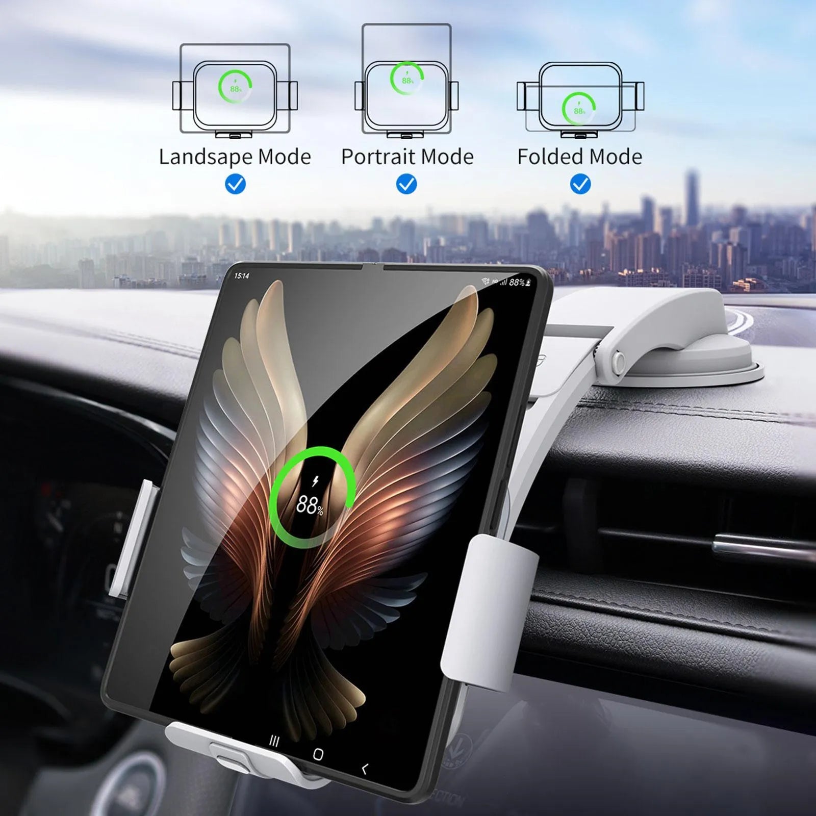 Grey wireless charging car phone holder with folding screen and air conditioner clip mount