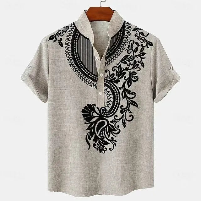 Men's striped casual linen-style shirt with personalised buttons in a loose fit.