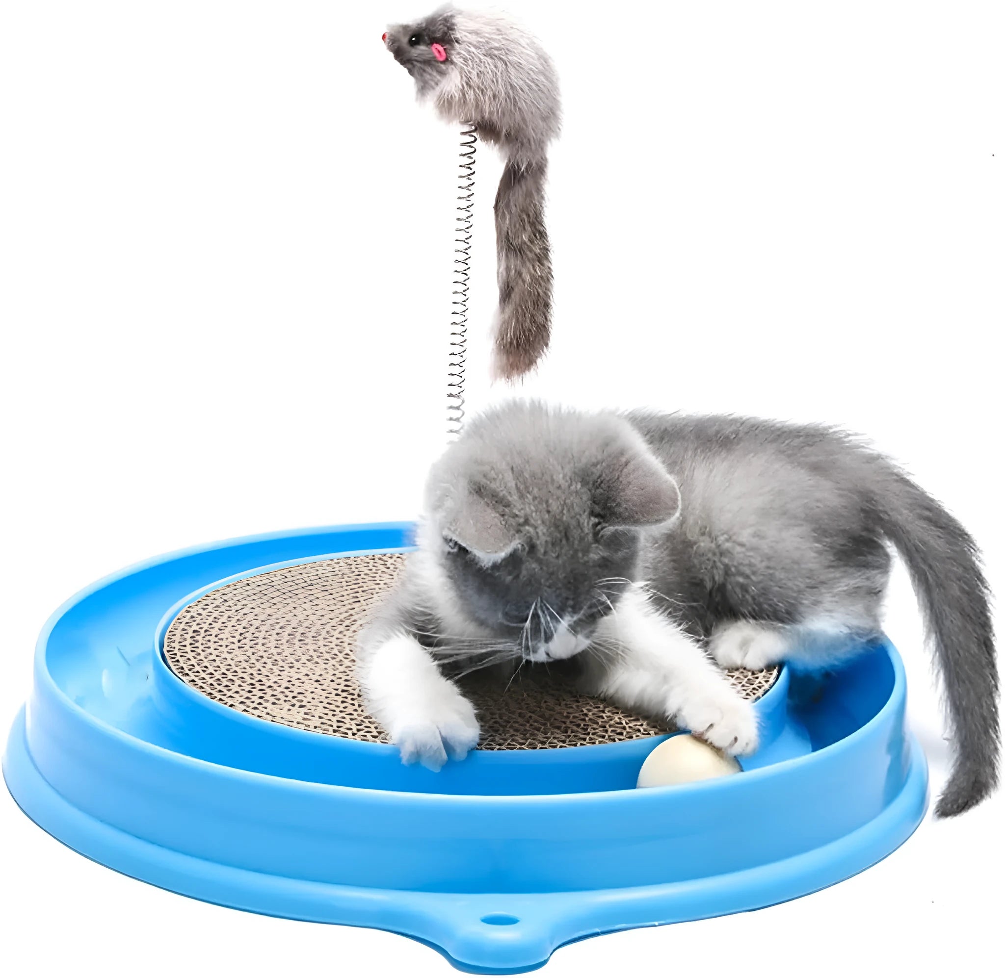 Blue interactive cat scratch pad with ball track and replaceable centre scratching surface