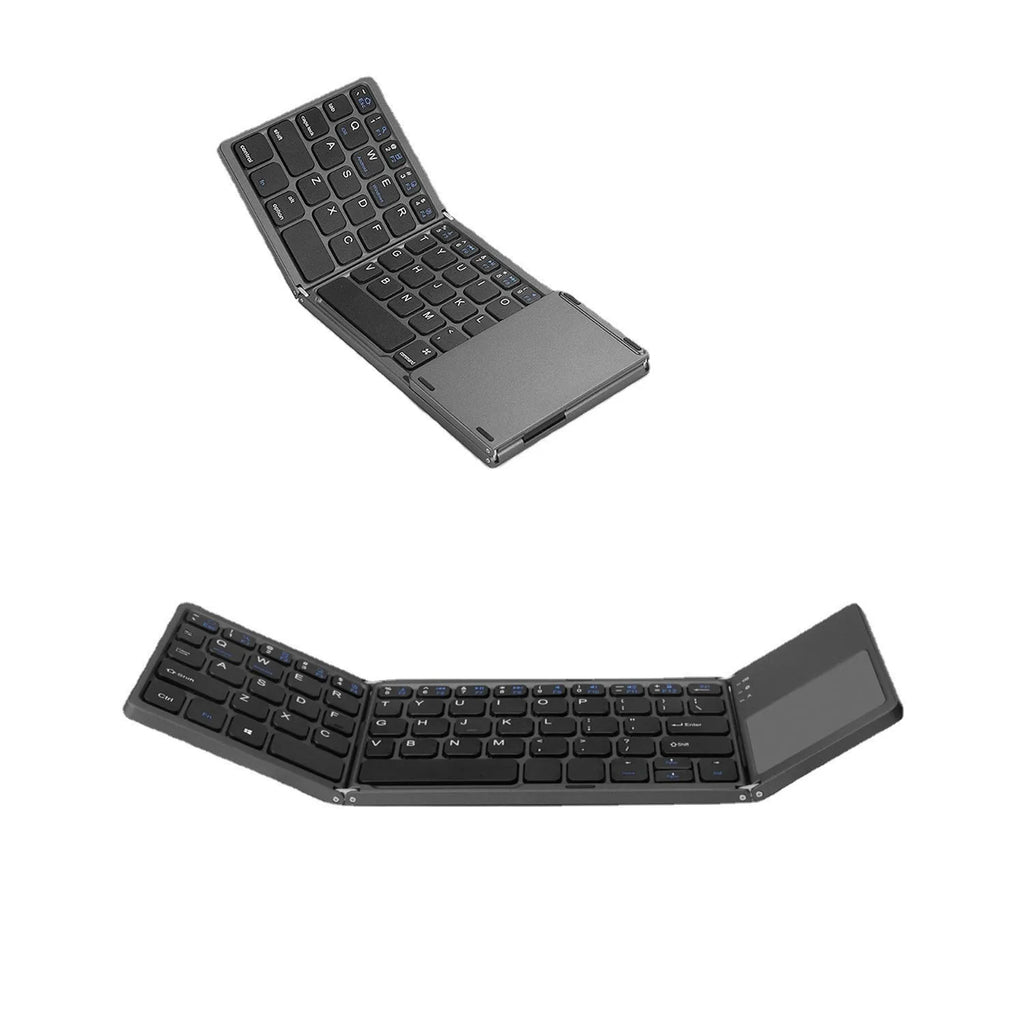 Black tri-fold Bluetooth keyboard shown unfolded with ultra-thin profile beside silver folded version