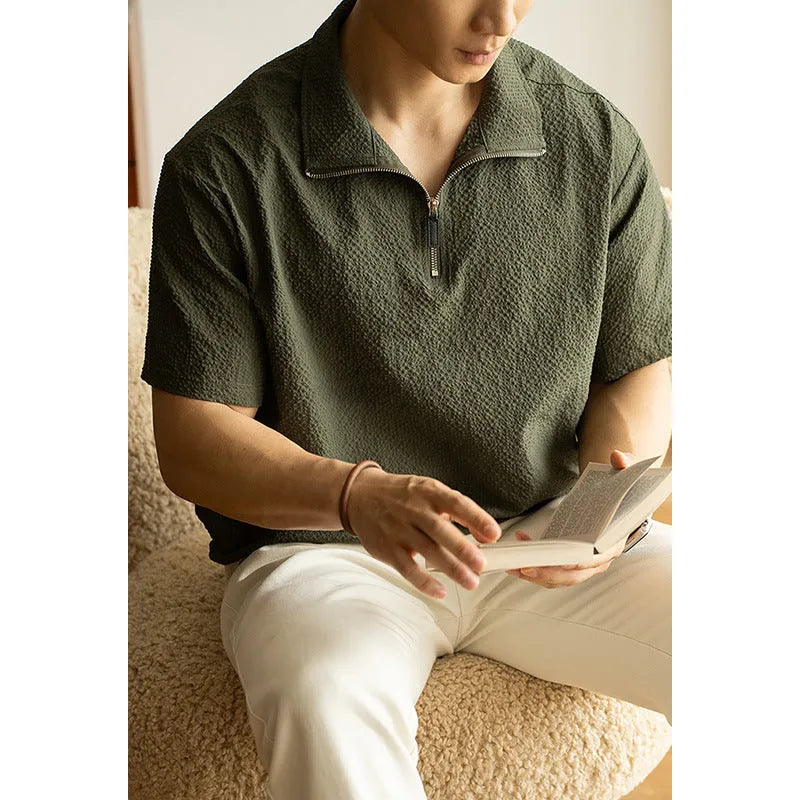 Men's cedar green loose fit short sleeve shirt made from quick-drying polyester fabric