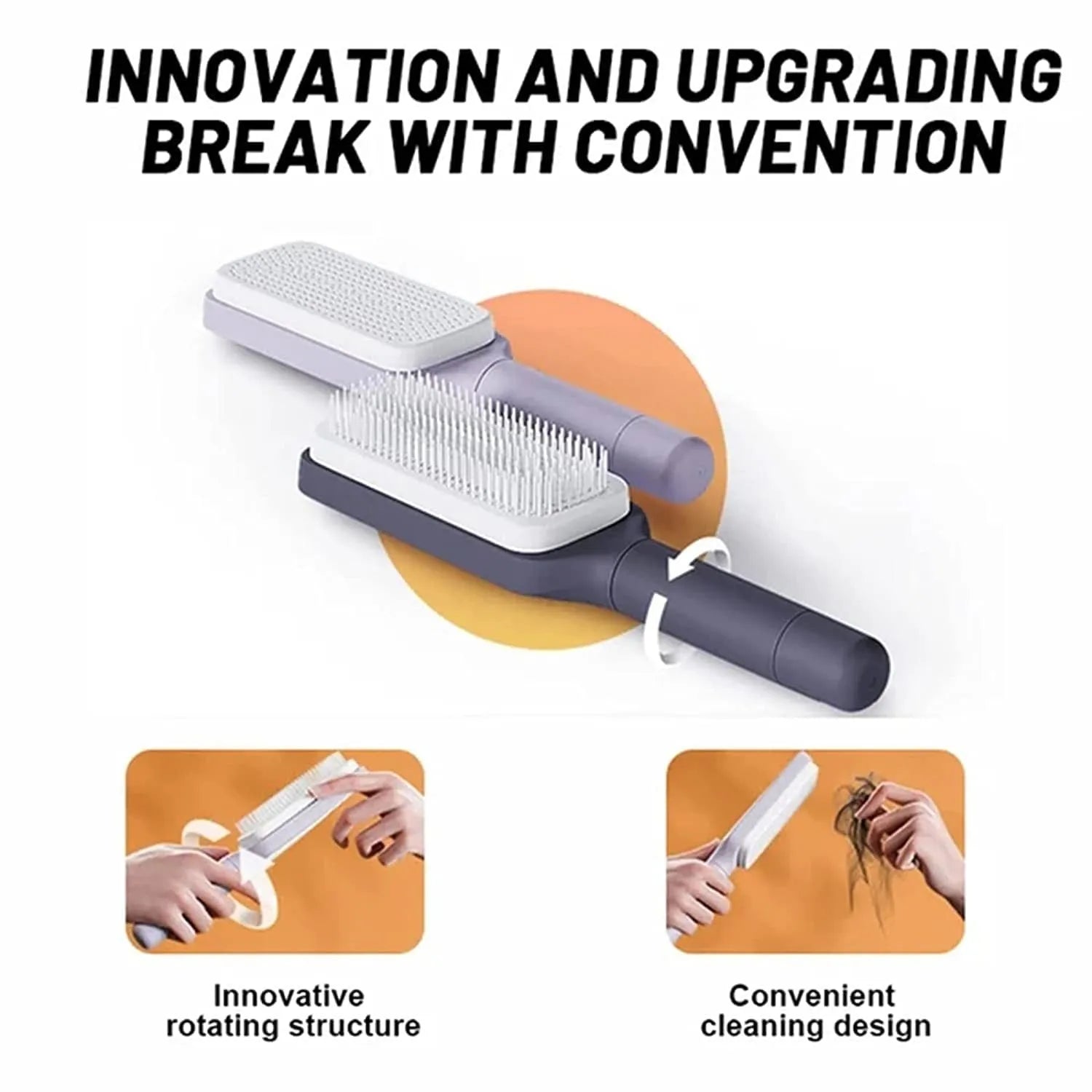 Roland purple self-cleaning hair brush with anti-static massage comb showing telescopic cleaning mechanism
