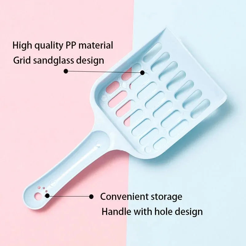 Blue plastic cat litter scoop shown on a white background.