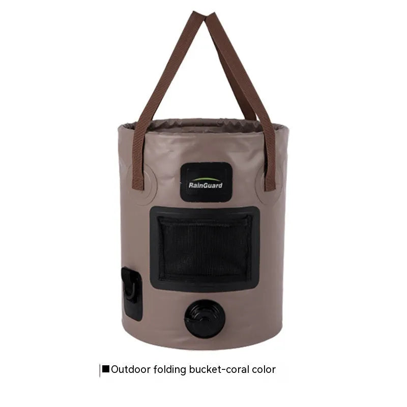 Lemon yellow 25-litre plastic folding fishing bucket showing its collapsible design and optional mesh pocket.