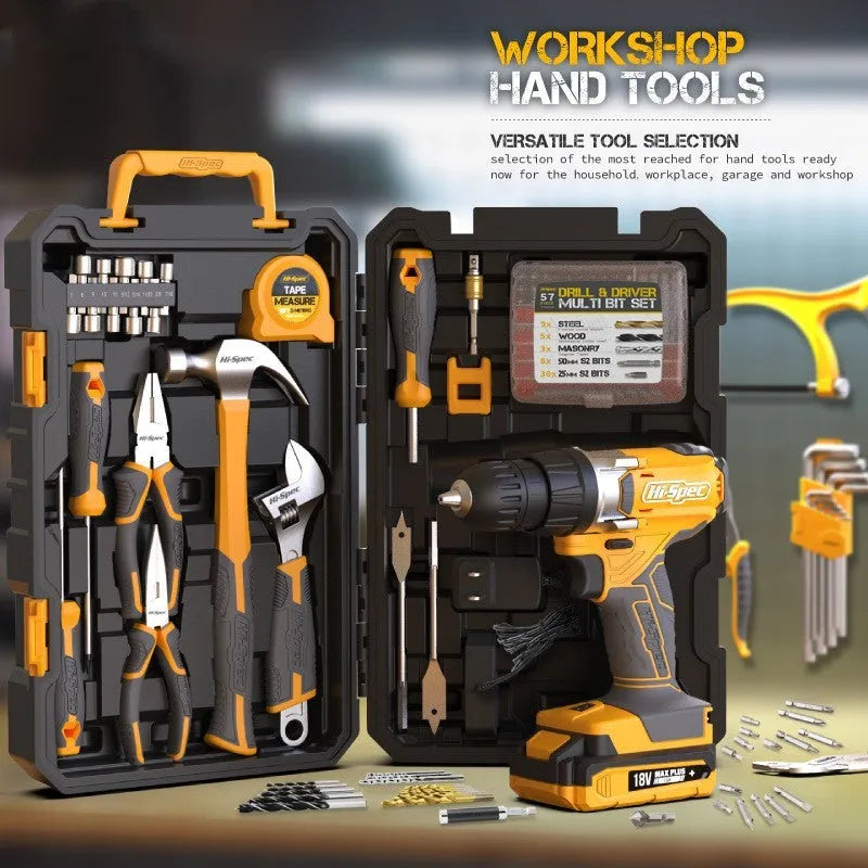 Grey yellow case containing 82-piece chrome-vanadium steel furniture tool set for installation and assembly