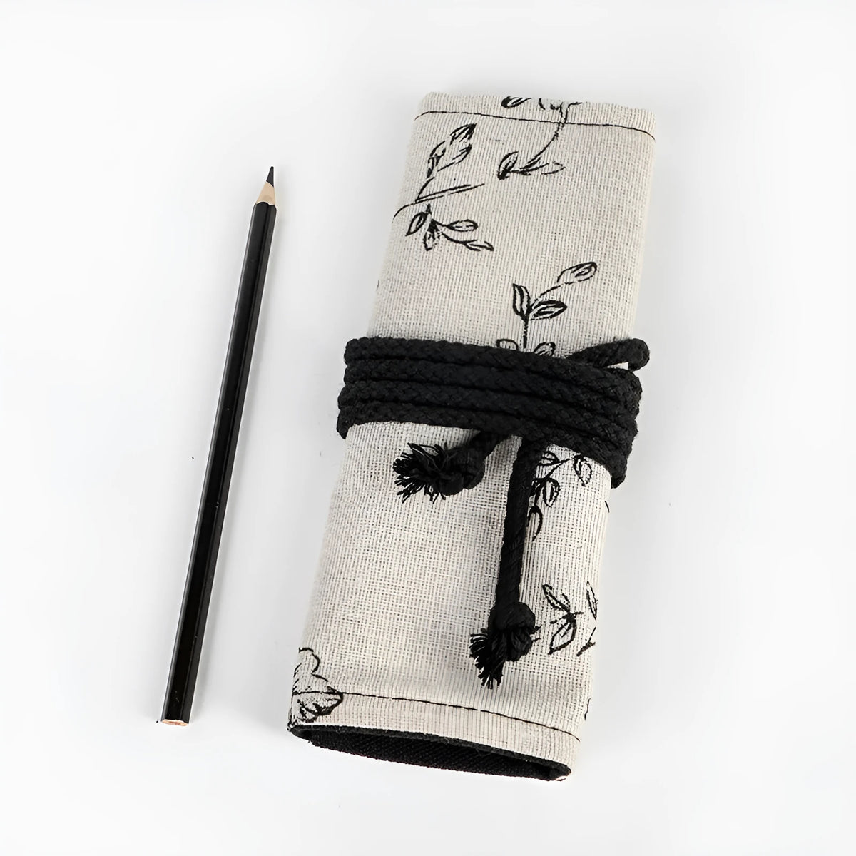 Black Peony cotton and hemp pencil curtain roll bag with 24 or 72 holes and printed canvas finish